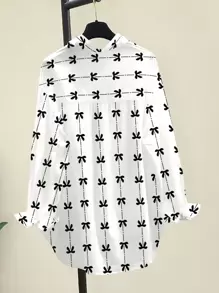 INAWLY 女士休闲条纹印花长袖胸袋衬衫，秋冬款 - 黑與白 - 查看 2