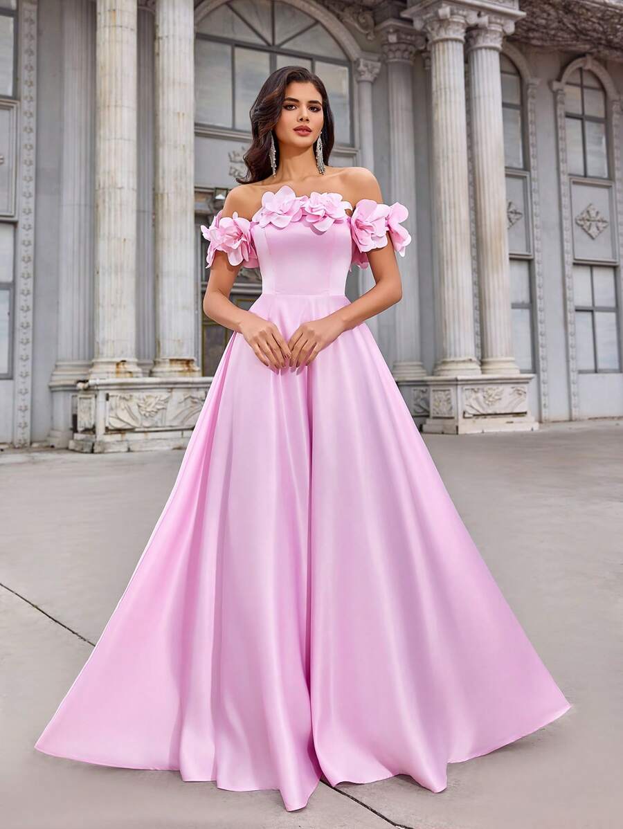 Aureia Mùa xuân và mùa hè thanh lịch tuyệt đẹp lãng mạn hoa sen màu hồng lớn 3D thiết kế hoa ba chiều trễ vai siêu lớn thích hợp cho bữa tối tiệc độc thân ngày sinh nhật khiêu vũ ngày lễ trở lại trường mùa tốt nghiệp sự kiện đám cưới váy dạ hội (mẫu nặng), trang trọng, váy dài, cho khách dự tiệc cưới - Hồng - Xem 1