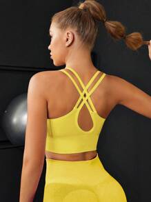 Easithlete 简约纯色交叉后背运动文胸 - 黃色 - 查看 4