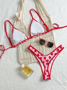 Swim Mod Strawberry Print Triangle Cup Halter Top And High Cut Bikini Bottoms 2 Pieces Bikini Set Set For Beach Vacation For Summer - Pink - View 2
