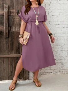 EMERY ROSE Váy đi nghỉ thường ngày tay cánh dơi buộc dây màu trơn cỡ lớn, mùa hè - Màu tím - Xem 5