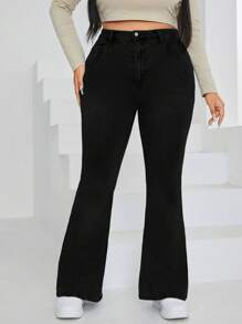 SHEIN ICON Plus Size Women Denim Bell Bottom Pants With Pockets, Casual & Versatile - Black - View 3