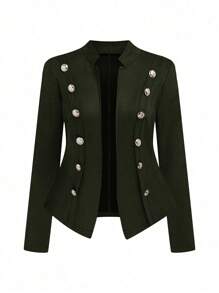 SHEIN Clasi Plus Size Women's Solid Color Double Breasted Long Sleeve Elegant Jacket - Army Green - View 1