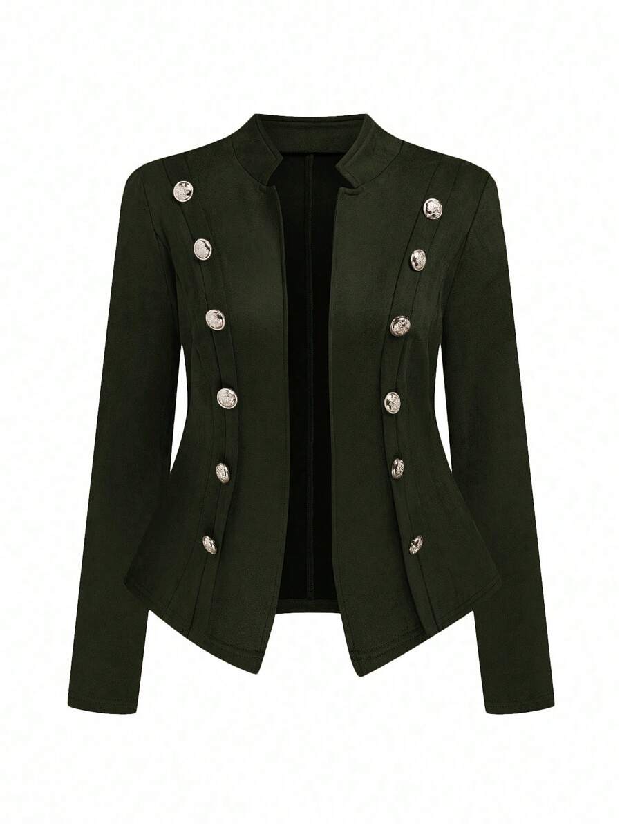 SHEIN Clasi Plus Size Women's Solid Color Double Breasted Long Sleeve Elegant Jacket - Army Green - View 1