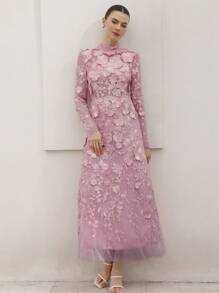 Aveloria Rosie Đầm dài tay ôm eo thêu hoa lãng mạn thanh lịch dành cho nữ, cảm giác sang trọng cho tiệc tùng và ngày lễ tình nhân, mùa xuân - Hồng - Xem 5