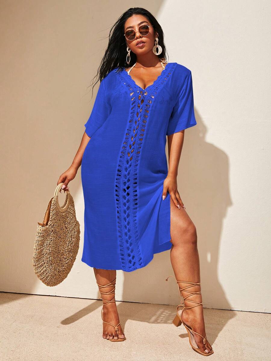 Swim Lushoire Plus Size Solid Color Beach Cover Up Dress For Summer Beach Vacation - Blue - View 1