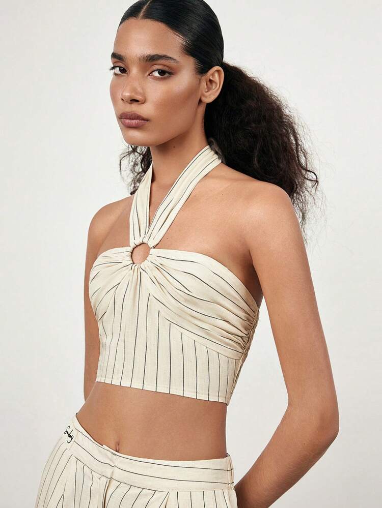 SHEIN X Sofía Suescun SHEIN Maija 2025 Spring/Summer Fashion Halter Design Crop Top For Women, Casual Romantic Urban Vacation, Suitable For Music Festival, Beach, Daily, Party, Wedding Guest, Graduation