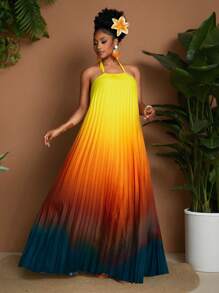 Maweii Plus Size Women's Sexy Gradient Print Halter Pleated Decor Versatile Fashion Spring/Summer New Dress - Multicolor - View 6