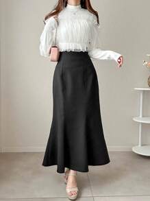 FRIFUL Women Stand Collar Long Sleeve Mesh Patchwork Ruffle Hem Fashionable T-Shirt - White - View 2