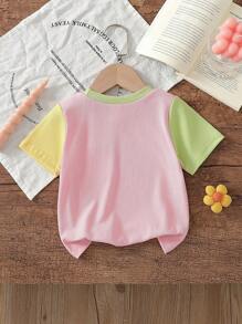 SHEIN Baby Girl Casual Ribbed Contrast Color Round Neck Pocket Short Sleeve T-Shirt - Multicolor - View 2