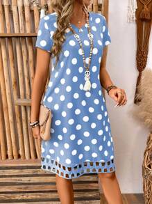EMERY ROSE Women's V-Neck Short Sleeve Simple Fashion Dress, Suitable For Summer - Blue - View 3