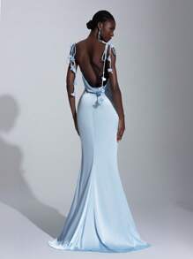 SHEIN Belle Elegant Light Blue Satin Spaghetti Strap Plunging Back Flowing Ribbon Mermaid Bridesmaid Dress