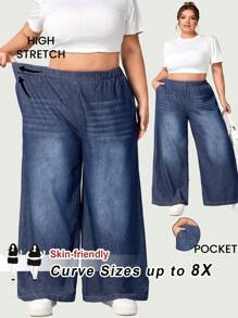 SHEIN CURVE+ Jeans oversize da donna con vita con laccetto, gamba ampia e leggeri