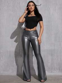 SHEIN Tall Women's Casual All-Match Low Waist Regular Black Coated Flare Pants, Spring/Autumn