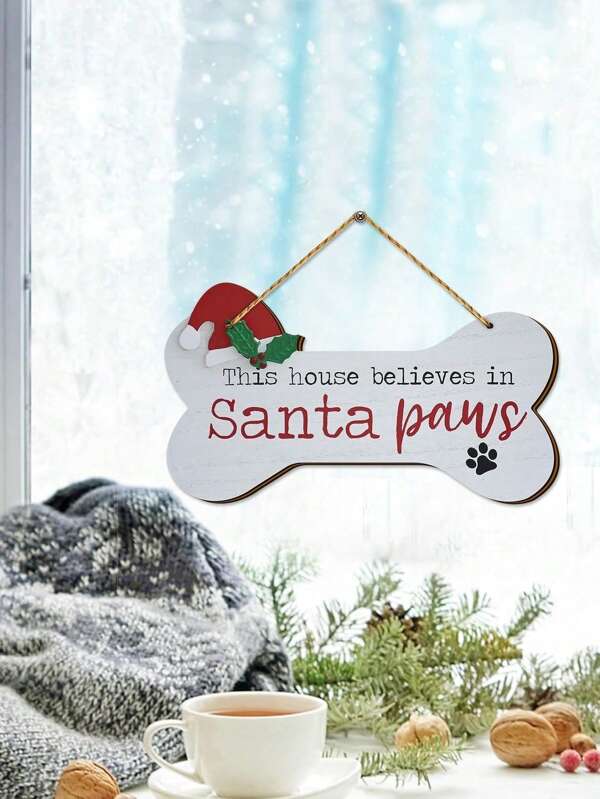 SHEIN 1 Stück lustiges Holz Weihnachtsschilder für Haustür in Knochenform mit Aufschrift "This House Believes In Santa Paws", Wandbehang Schild für Winterfeiertage Heimdekoration, Weihnachtsparty Deko, Weihnachten
