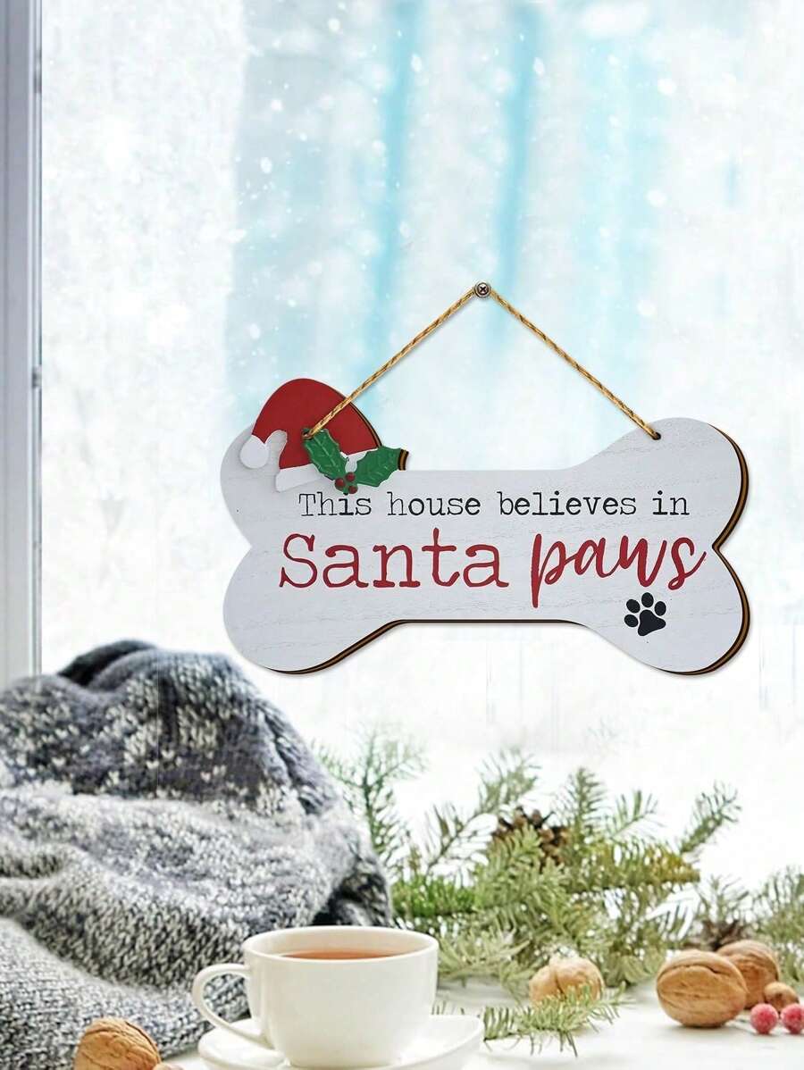 1pc Funny Dog Bone Shaped Wood Christmas Door Sign Decor This House Believes In Santa Paws Wall Hanging Plaque Sign For Winter Holiday Home Christmas Party Decor,Christmas