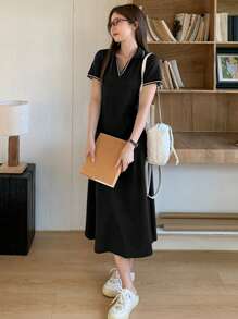 DAZY 女式 V 领休闲条纹中长连衣裙太阳裙衬衫裙