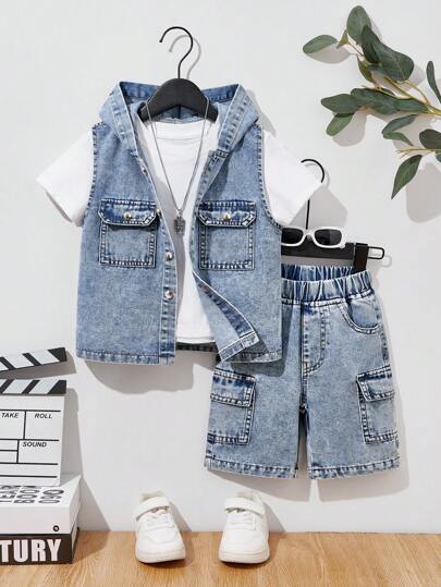 SHEIN Young Boys Denim Set, Vintage Mid-Blue, Includes Hooded Vest And Relaxed Cargo Shorts, Casual Streetwear Fashion Style Young Boys 2 Pieces Summer Holiday