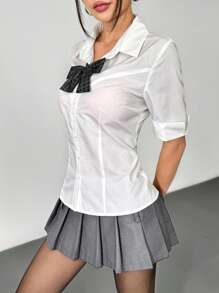 SHEIN EZwear 纯色短袖蝴蝶结衬衫，夏季简约时尚 - 白色 - 查看 4