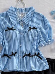 Teen Girls 2 Pieces Set: Bowknot Striped Ruffle Sleeve Blouse Top And Multi-Layered Cake Skirt, Princess And Sweet Feminine Style