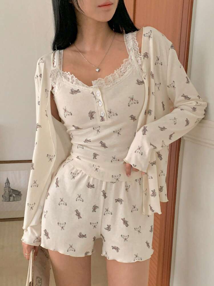3pcs/Set Women Cute Bear Pattern Allover Print Open Front Top , Cami Top And Shorts Pajama Set, Fall Winter Clothes