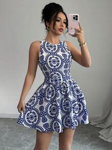 Elenzga Váy ngắn hở lưng cho nữ, tối giản & thời trang, phù hợp cho mùa hè - Màu xanh lam - Xem 5
