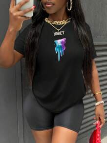 DarkDoll Women Black Fluid Figure Graphic Street Style, Casual Loose Fit Round Neck Short Sleeve T-Shirt, Graphic Tee Suitable For Summer, Rave Western Wear