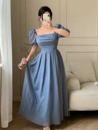 Feyla 女士优雅纯色泡泡袖连衣裙