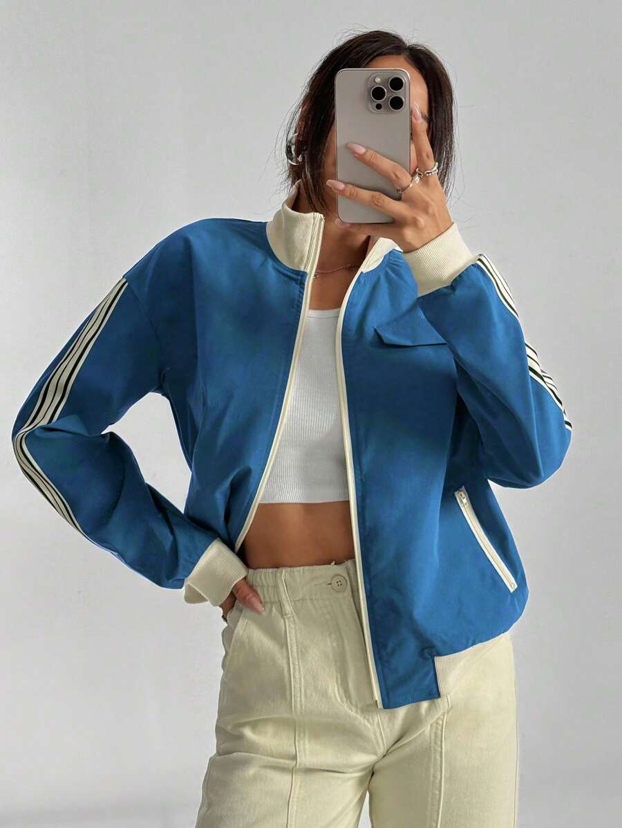 Flirla 女士侧条纹拉链休闲夹克 - 藍色 - 查看 1