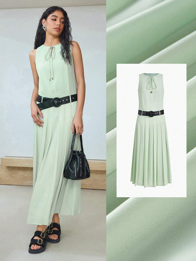 MOTF STUDIO TIE NECK SLEEVELESS PLEATED BELTED MAXI DRESS, LOW WAIST DRESS