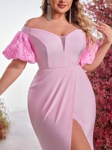 Glamrae Plus Size Light Pink Spring Elegant Formal Special Occasion Wedding Guest Dress,3D Rose Decor Puff Sleeves High Slit Off-Shoulder Evening Party Gown - Pink - View 4
