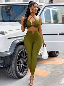 VaVaBold Metal Buckle, Sleeveless Top And Solid Color Pants Suit