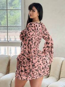 Flirla 大码系带印花休闲夏装，简约时尚 - 粉色 - 查看 2