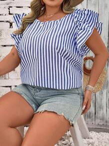 SHEIN CURVE+ 条纹蝴蝶袖衬衫 波西米亚风度假 - 藍白色 - 查看 6