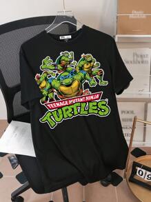 TEENAGE MUTANT NINJA TURTLES | SHEIN Men's Cartoon Turtle & Letter Graphic Round Neck Short Sleeve T-Shirt - Black - View 1