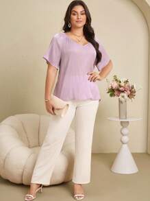 EMERY ROSE Plus Size Casual Solid Color Short Sleeve Shirt - Purple - View 7