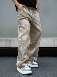 Manfinity EMRG Men's Khaki Denim Floral Print Long Jeans With Zipper Details - Khaki - View 7