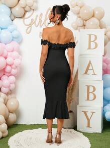 Loomaby Maternity Dress With 3D Floral Off Shoulder Design, Suitable For Gender Reveal Party And Baby Shower - Black - View 2
