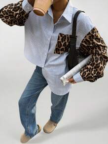 SHEIN Tall Women Leopard Patchwork Striped Long Sleeve Casual Shirt - Blue - View 8