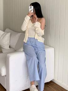 DAZY Set de 3 piezas con top de botones de unicolor, top de tirantes finos y pantalones rectos holgados a rayas para estar en casa, ropa de otoño e invierno, conjunto cómodo - Blanco - Ver 7