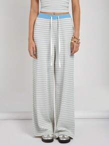 COSMINA 女士抽绳腰条纹阔腿宽松休闲百搭裤 - 彩色 - 查看 3