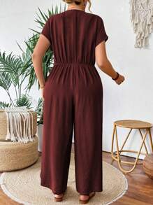 SHEIN Clasi Bộ đồ liền thân thẳng rộng rãi, thanh lịch, cổ chữ V, tay raglan, dáng rộng, đơn giản, thoải mái, dễ mặc, cỡ lớn dành cho nữ mùa xuân/hè - Màu đỏ tím - Xem 2