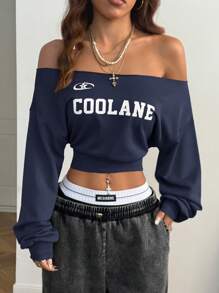 SHEIN EZwear Women Winter Casual One Shoulder Loose Sweatshirt - Navy Blue - View 1