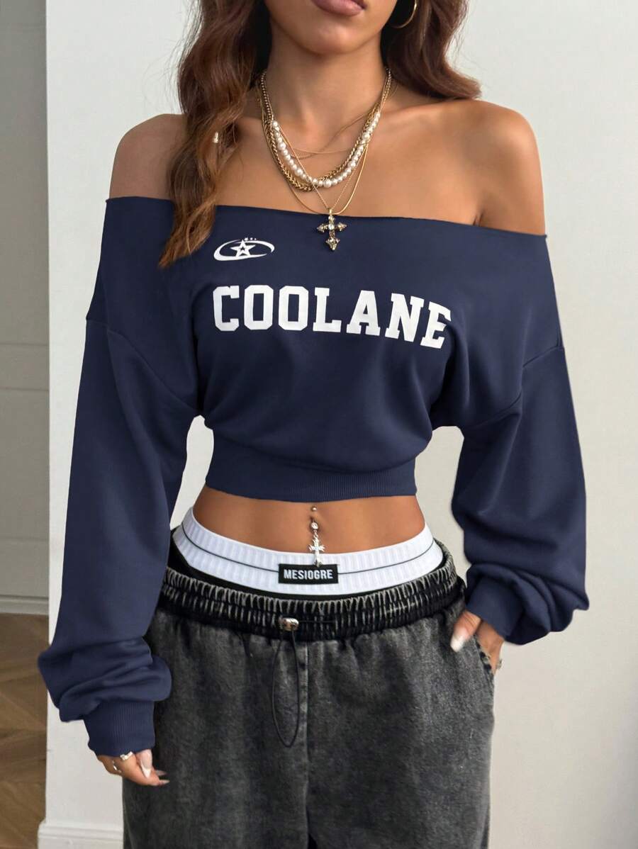 SHEIN EZwear Women Winter Casual One Shoulder Loose Sweatshirt - Navy Blue - View 1