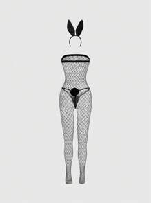 ROMWE Anime Set de 3 piezas Lencería sexy de red de pesca tipo conejita para mujeres