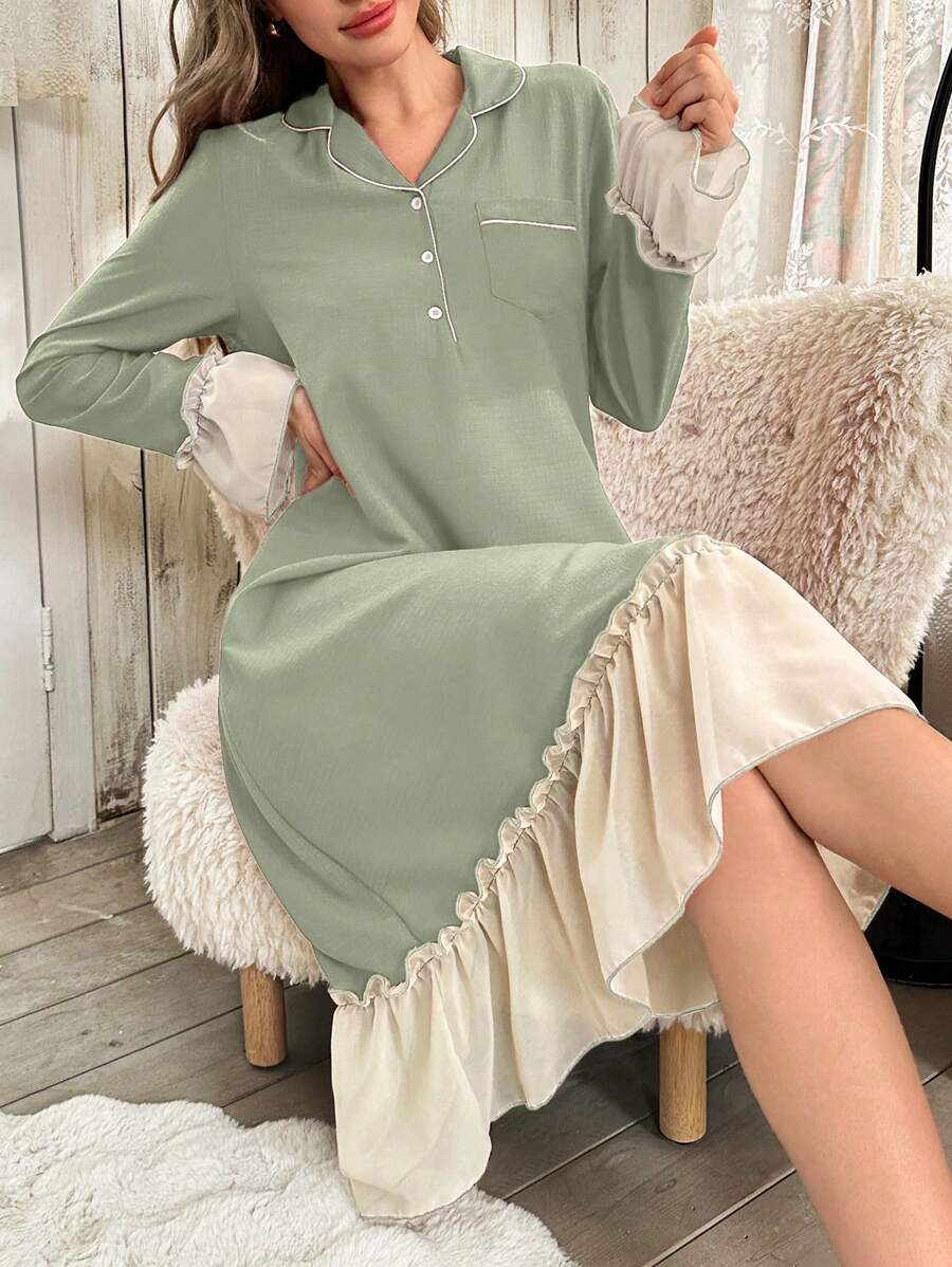 SHEIN 撞色拼接荷叶边下摆纽扣翻领长袖女士睡裙,宽松舒适,适合秋季和冬季穿着。 - 綠色 - 查看 1