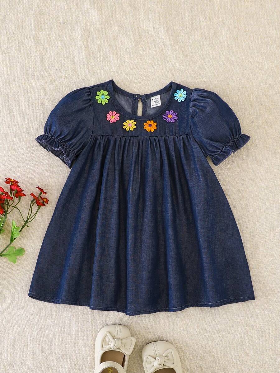 Souflis Souflis Baby Girl 3D Floral Decor Round Neck Puff Sleeve Casual Dress - Navy Blue - View 1