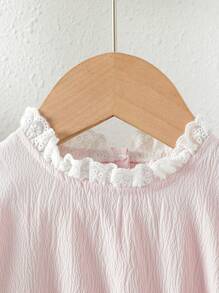 Baby Girls Pink Elegant Bodysuit With Stand Collar Short Sleeves And Eyelet Embroidery Detailing - Baby Pink - View 3