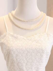 优雅蕾丝撞色网眼吊带连衣裙，适合伴娘、花童、舞会、婚礼、生日派对、少女 - 藍白色 - 查看 3