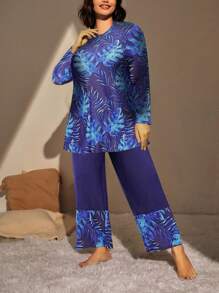 Swim Mulvari 2pcs Plus Size Women Modest Floral Long Sleeve Top And Pants Burkini Set, Conservative Loose Fitting Swimsuit, For Summer Beach Vacation  Clothing Burkinis - Blue - View 4